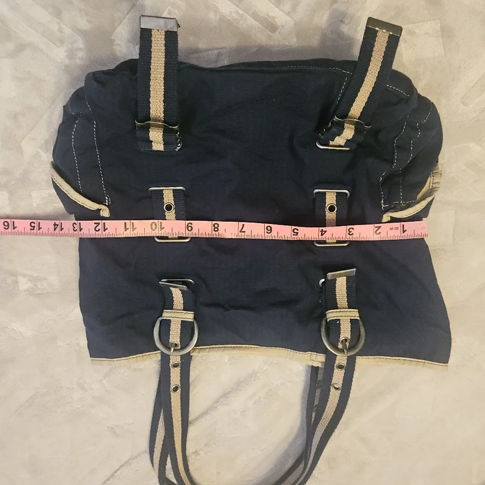 Y2K OLD Navy Bag Purse Navy Blue Ripstop Canvas grommet handles Grunge Gorpcore - Picture 8 of 15